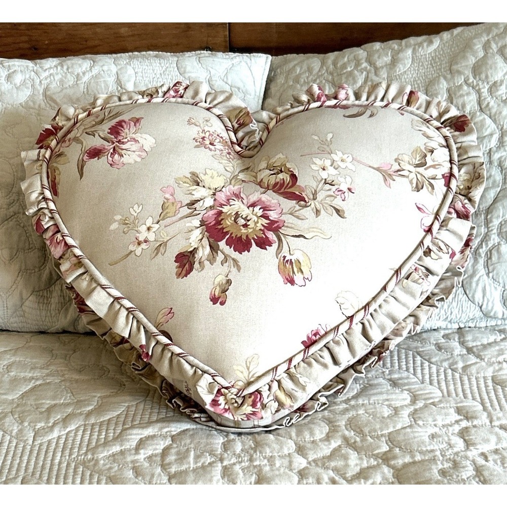 Heart floral pillow home decor Beige Rose Pink Large 14x20" Read